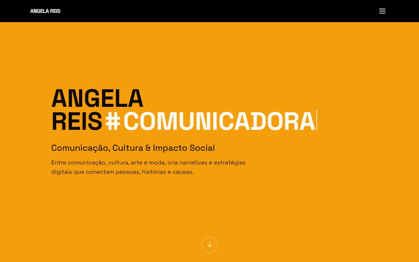 Site de Angela Reis, com identidade laranja e preta