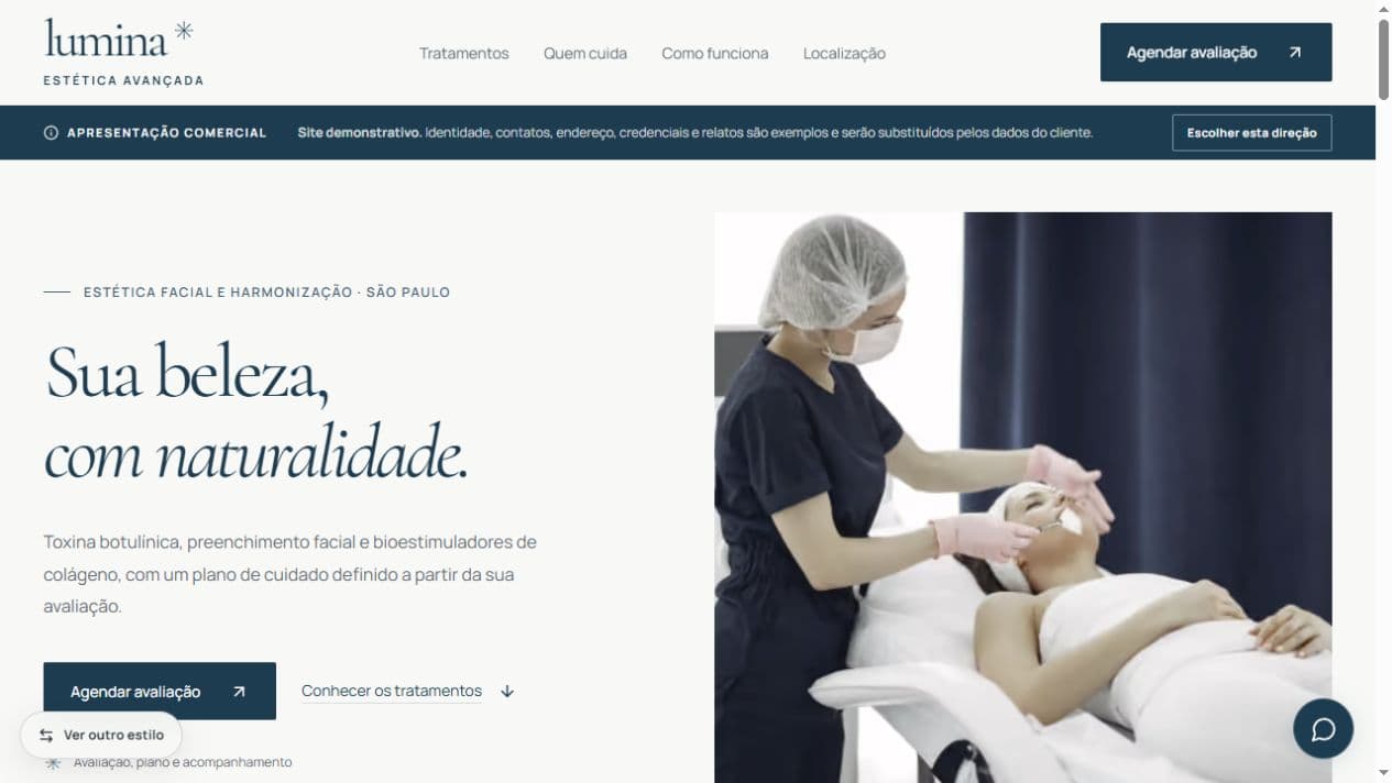 Demonstração de site para uma clínica de estética